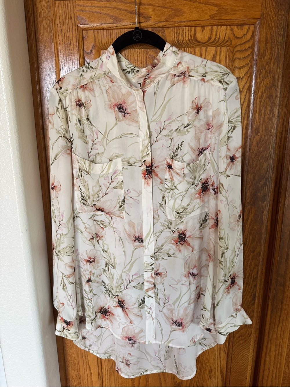 Haute Hippie Cream Floral Long-Sleeve Mandarin Blouse